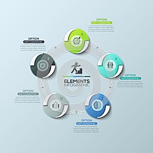 Circular diagram with 5 round elements connected by lines and text boxes, modern infographic design layout.