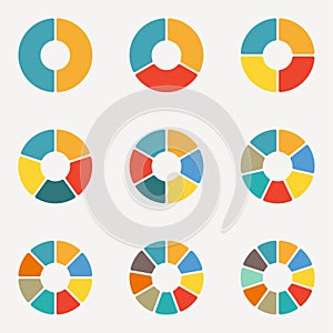 Circular diagram set. Pie chart template. Circle infographics concept with 2,3,4,5,6,7,8,9,10 steps, parts, levels or options.