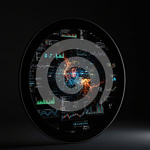 Circular display with colorful digital data visualizations and analytics, featuring