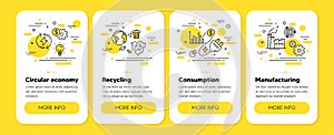 Circular economy, energy consumption, recycling factory line icons. Electricity plug. Mobile phone app 4 steps. Vector