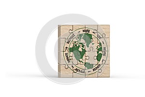 Circular economy icon on complete wooden puzzle, make, use, reuse, repair, recycle, donate, resale for sustainable consumption photo