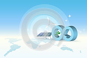 Circular economy logo with wind turbines and solar panel on world map background. For sustainable strategy goal of eliminating