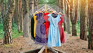 Circular economy. Offbeat image. Clothes hanger with dresses in the forest. Concept for organic clothes, eco-friendly, ecological