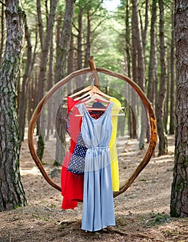 Circular economy. Offbeat image. Clothes hanger with dresses in the forest. Concept for organic clothes, eco-friendly, ecological