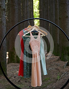 Circular economy. Offbeat image. Clothes hanger with dresses in the forest. Concept for organic clothes, eco-friendly, ecological photo