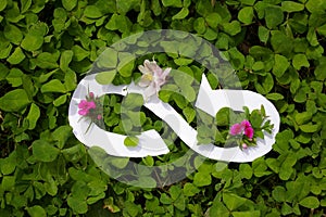Circular economy symbol on a background of green clover and flowers. Concept of renewable system aimed at eliminating