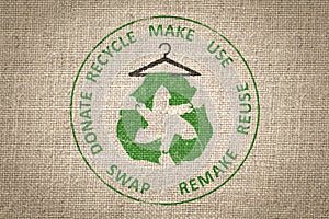 Circular Economy Textiles, make, use, reuse, swap, donate, recycle with eco clothes recycle icon on hanger