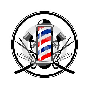 Circular Emblem Barber& x27;s Pole with Scissor, Razor And Old Clippers photo