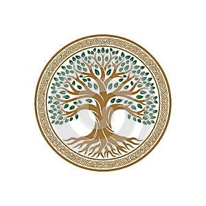 Circular emblem featuring a stylized tree with brown branches and roots