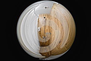 Wide angle view of the interior. Circular fisheye view of an indoor shower