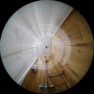 Circular fisheye view of an indoor shower. Wide angle view of the interior in fulldome photo format