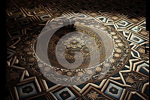 a circular floor with a black and gold design on it and a black bird on top of it and a black and white cat on the floor