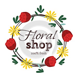 Circular floral wreath red yellow flowers, leaf accents. Elegant design floral shop logo stylish