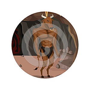 Circular frame with cave interior scene and minotaur greek mythological creature