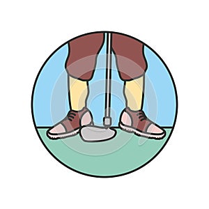 Circular frame with golf player feet and stick