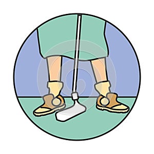 Circular frame with golf player feet and stick