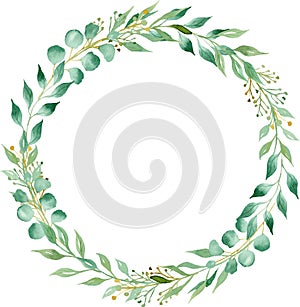 Circular frame with green foliage hand drawn watercolor raster illustration