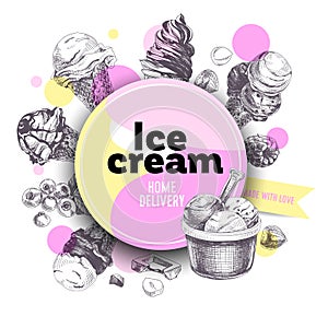 Circular frame for ice cream label, rounded by traditional cookies and confection, retro hand drawn vector illustration.