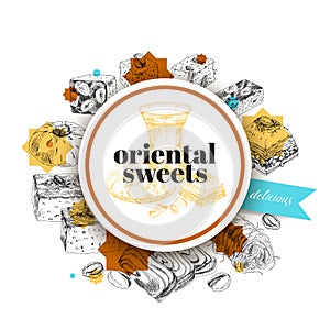 Circular frame for oriental sweets label, retro hand drawn vector illustration.