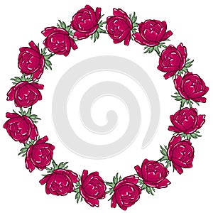 Circular frame with peonies. Bright burgundy peonies in a circle. Template for postcards and invitations. Vector