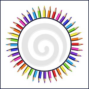 Circular Frame of Realistic Colorful Pencils on White Background