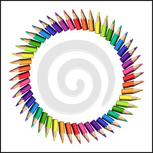 Circular Frame of Realistic Colorful Pencils on White Background