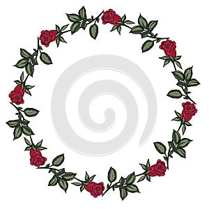 Circular frame with red roses. Freehand drawing, concept. Vector circle. For postcards, design and decoration. Red
