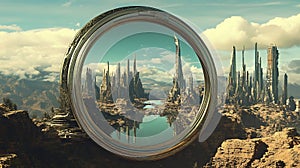 A circular frame reveals a fantastical cityscape in a distant land