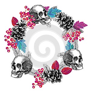 Circular frame of skull cone rowanberry leaves photo