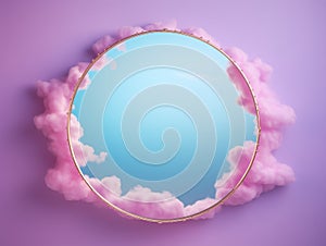 Circular frame surrounded by purple cotton candy clouds.