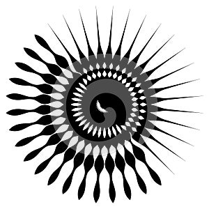 Circular geometric element of radial spokes, lines. Abstract black and white illustration. Geometric circle motif, circle mandala