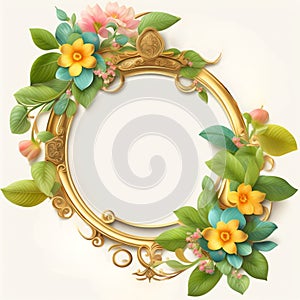 Circular golden frame with floral on white background Generative AI