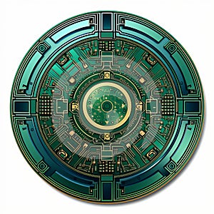 a circular green and gold electronic circuit board on a white background