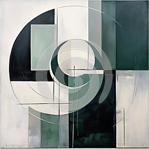 Circular Green, White, And Black Abstract Painting In The Style Of Modular Constructivism