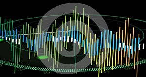 Circular grid visualization displaying vertical bars rising on dark interface, with glowing nodes
