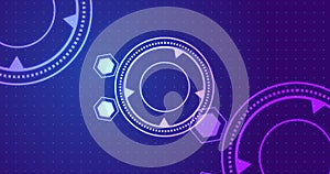 circular and hexagonal HUD technology element moving on grid dots bg.
