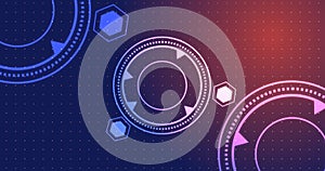 circular and hexagonal HUD technology element moving on grid dots bg.
