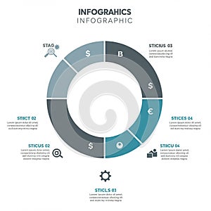 Circular infographic with five segments, each labeled with icons and placeholder text.