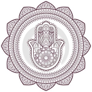 Circular intricate mandala with hamsa hand of fatima design for coloring