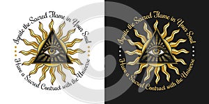 Circular label with all seeing eye, sun, text.