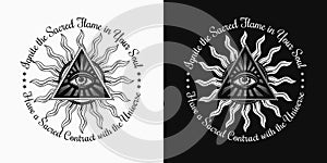 Circular label with all seeing eye, sun, text