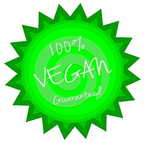 Circular label in the shape of the sun, 100% vegan guaranteed, green, isolated.