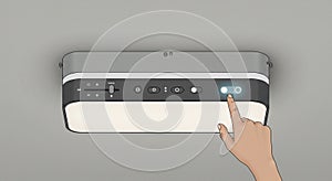 Circular light fixture with a grey outer shell and a central control panel. The panel