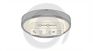 Circular light fixture with a grey outer shell and a central control panel. The panel