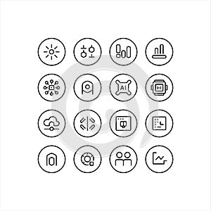 Circular AI and Analytics Line Icons Set â Business Intelligence, Cloud Computing, and Data Visualization Symbols