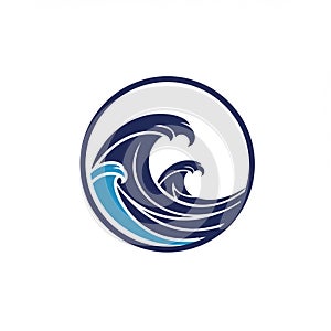 A circular logo features stylized ocean waves in varying shades of blue. The waves ar