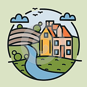 Circular logotype with farmhouse, hills covered with cultivated fields and river drawn in lineart style. Round logo with