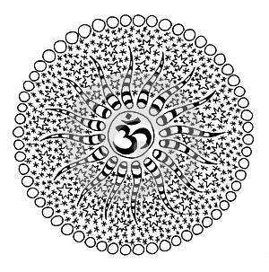 Circular mandala with Aum / Om / Ohm in center. Graphic drawing - leaf mandala - spiritual and ecology symbol.