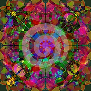 CIRCULAR MANDALA. KALEIDOSCOPE IMAGE. ABSTRACT BACKGROUND. BRIGHT PALLET IN FUCHSIA, RED, GREEN, YELLOW, BLUE