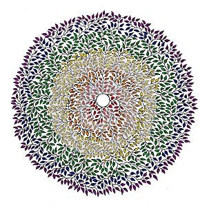 Circular mandala - 1000 leaves of 7 colors of the rainbow. Graphic drawing - leaf mandala - spiritual and ecology symbol.